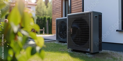 Energy-Efficient Heat Pump Installed In Residential Home To Harness Clean Power, Ample Space For Text. Сoncept Home Energy Efficiency Tips, Benefits Of Heat Pump, Clean Power Solutions