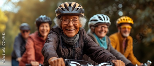 Elderly Group With Cheerful Smiles Donning Cycling Helmets For A Joyful Ride. Сoncept Gardening Club Meeting, Serene Nature Walk, Family Picnic, Beach Volleyball Tournament. photo