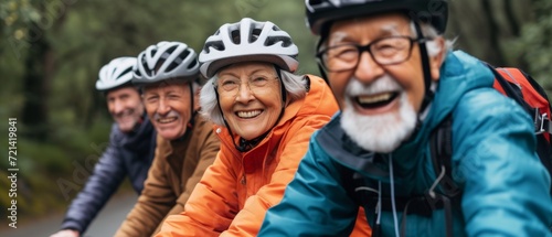 Elderly Group Showcasing Joyful Smiles In Symmetrical, Professional Photo As They Don Cycling Helmets For A Joy Ride. Сoncept Elderly Joy Ride, Symmetrical Smiles, Professional Photo, Cycling Helmets © Ян Заболотний