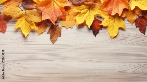 autumn leaves on bright wood textured background with copy space