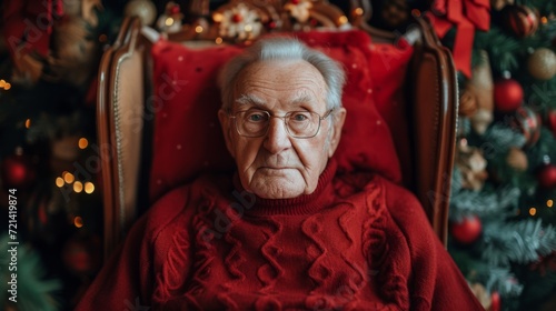 Elderly Man In Festive Nursing Home Captures Holiday Spirit And Joy, Copy Space. Сoncept Elderly Man, Festive Nursing Home, Holiday Spirit, Joy, Copy Space
