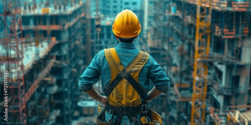 Electrical Engineer Working At Great Heights In A Bustling Construction Industry, Copy Space. Сoncept High-Rise Construction, Electrical Engineering, Challenging Work Environment