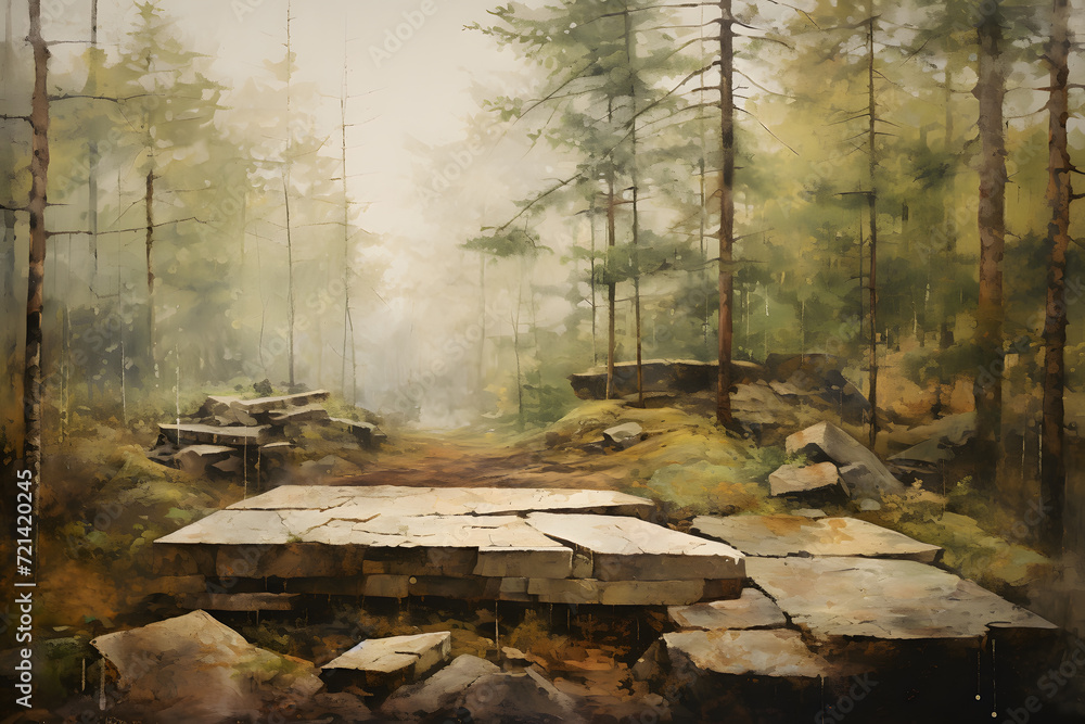 Stone platform forest landscape background green and earth Stone platform forest landscape background green and earth
