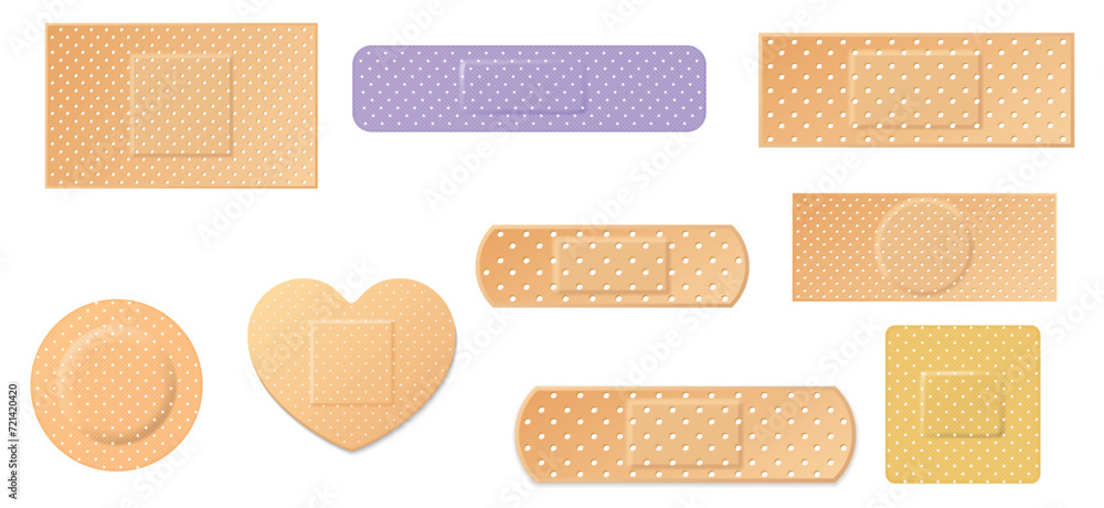 Creative vector illustration of adhesive bandage elastic medical plasters set isolated on transparent background. Creative vector illustration of adhesive bandage elastic medical plasters set isolated on transparent background.