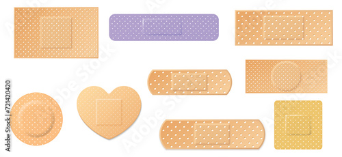 Creative vector illustration of adhesive bandage elastic medical plasters set isolated on transparent background.