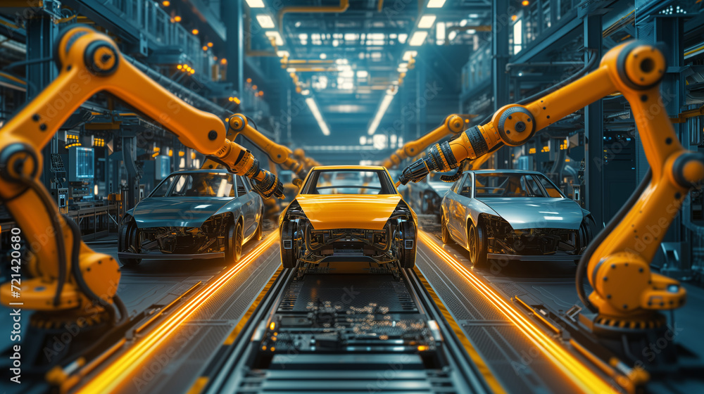 Automotive production line featuring advanced robotic arms engaged in the assembly of modern cars Automotive production line featuring advanced robotic arms engaged in the assembly of modern cars