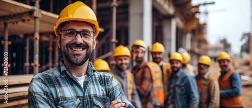 Joyful Construction Workers, Proudly Donning Hardhats, Strike A Confident Pose With Strong Bond And Harmony At Building Site