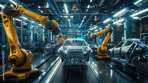 Automotive production line featuring advanced robotic arms engaged in the assembly of modern cars