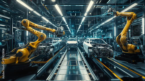 Automotive production line featuring advanced robotic arms engaged in the assembly of modern cars