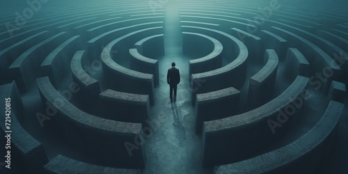 Journey Of A Man Through A Complex Maze, Representing Life's Obstacles And Resolutions, With Space For Text. Сoncept Abstract Art, Surreal Maze, Life's Journey, Text Space, Obstacles And Resolutions