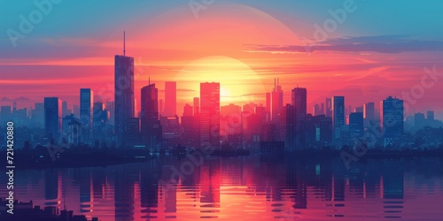 Minimalistic Cityscape Against A Vibrant Sunrise Backdrop