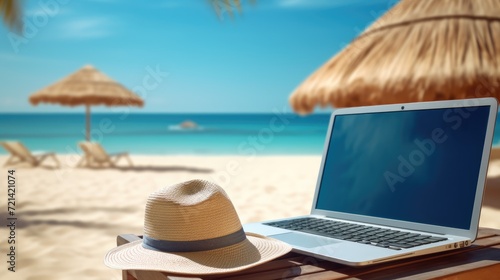 tablet computer and beach accessories on the sandy beach with a blue sea and sky, representing a perfect blend of technology and tropical relaxation.