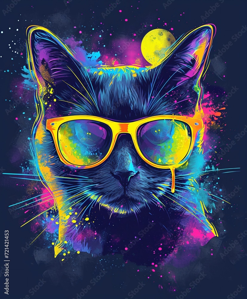 a stylized depiction of a cat's head adorned with neon-colored strokes