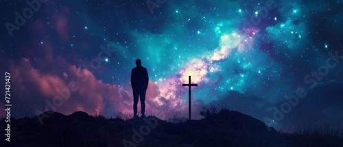 Silhouetted Figure Embraces Spiritual Connection Under A Celestial Sky With Christian Cross. Сoncept Abstract Sculptures, Nature-Inspired Art, Urban Street Art, Minimalist Photography, Macro Close-Ups photo