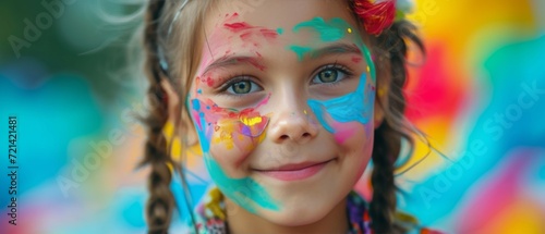 Colorful Face Paint On Smiling Girl Sparks Joy And Happiness. Сoncept Candid Beach Moments, Exploring Nature, Sunrise Yoga, Fun Family Adventures