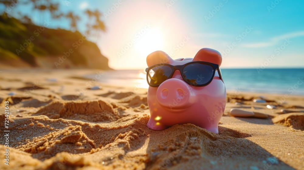 Savings Symbolized: Sunglasses-Wearing Piggy Bank Lounges At Beach, Signifying Vacation Funds. Сoncept Diy Home Organization, Healthy Meal Prep Ideas, Indoor Gardening Tips, Stylish Summer Outfits - obrazy, fototapety, plakaty 