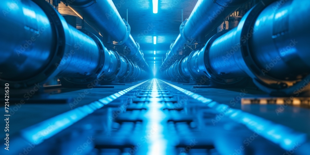 Energizing The Future: Sunlit Industrial Pipeline In Blue Color Banner, Symbolizing Aidriven Energy Generation With Copy Space - obrazy, fototapety, plakaty 