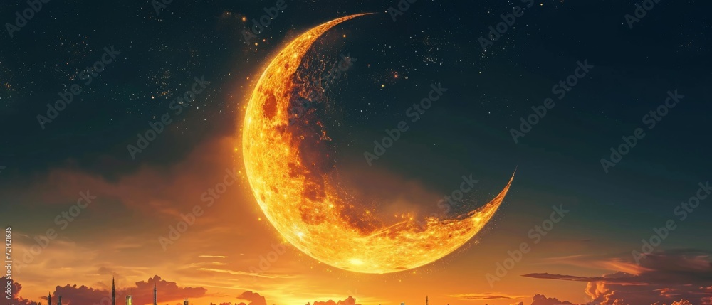 The Symbolic Significance Of The Crescent Moon Marking The Beginning Of Ramadan. Сoncept Benefits Of Meditation, Tips For Self-Care, Importance Of Sleep, Healthy Eating Habits - obrazy, fototapety, plakaty 