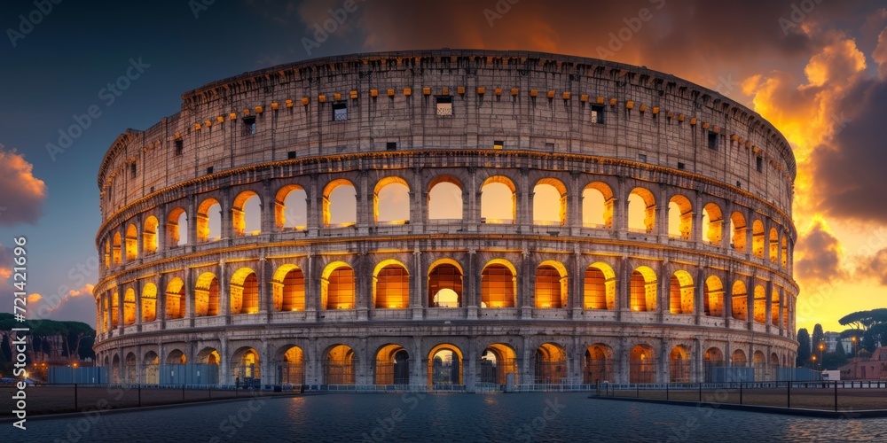 The Majestic Colosseum Shines Amidst Nightfall, A Celestial Symphony Enveloping Ancient Splendor, Copy Space. Сoncept Nighttime Architecture, Ancient Monuments, Celestial Beauty, Majestic Colosseum