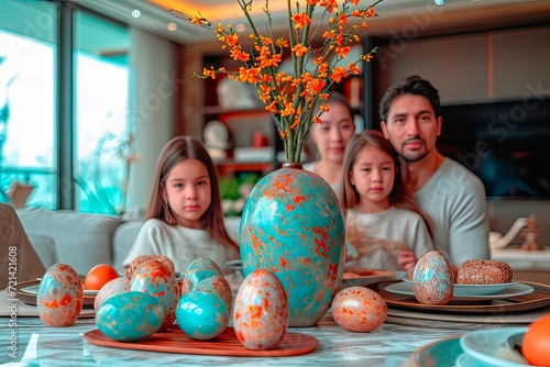 A family sits around a table decorated with Easter decorations.