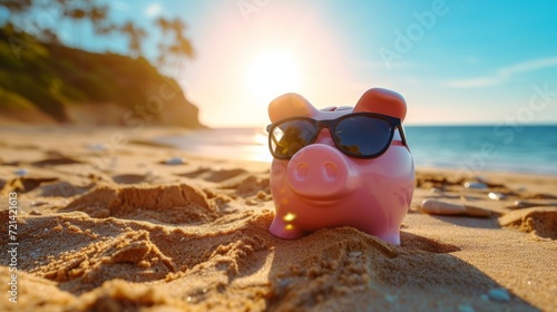 Savings Symbolized: Sunglasses-Wearing Piggy Bank Lounges At Beach, Signifying Vacation Funds. Сoncept Diy Home Organization, Healthy Meal Prep Ideas, Indoor Gardening Tips, Stylish Summer Outfits photo