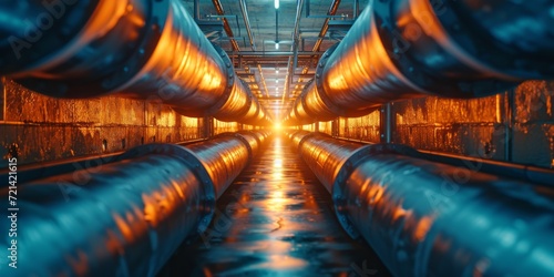 Sunlit Industrial Pipeline In Blue Color Banner, Symbolizing Energy Generation In Aidriven Future, Copy Space. Сoncept Sunlit Industrial Pipeline, Blue Color Banner, Energy Generation photo