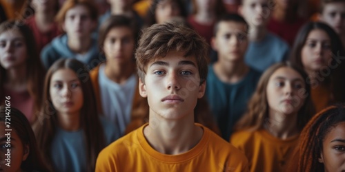 Symbolic Representation Of Mental Health's Impact On Teenager's Isolation: An Image Of A Teenage Boy Surrounded By Peers, Copy Space Available