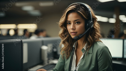 Female operator answering the phone Call center Customer support,isolated on blur background 