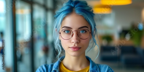 Vibrant Young Woman With Dyed Hair Exuding Confidence In A Professional Setting, Copy Space. Сoncept Creative Businesswoman, Bold And Colorful, Professional Empowerment, Confident In Color