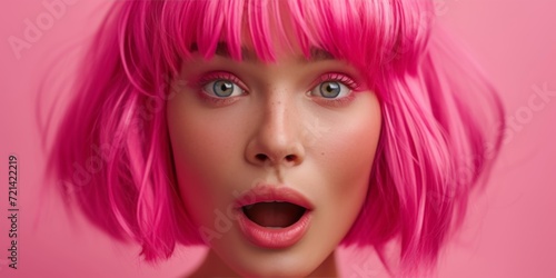 Woman Wearing A Vibrant Pink Wig With A Wide Open Mouth  Copy Space.   oncept Creative Makeup Looks  Bold Hair Color Trends  Expressive Facial Expressions  Graphic Design Concepts