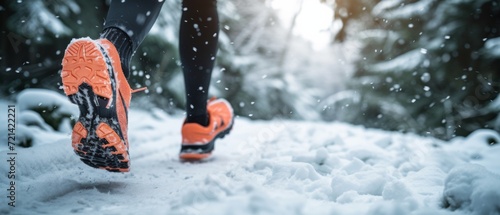 Woman Wearing Running Shoes Jogs Through Snowy Terrain, Viewed From Behind. Сoncept Winter Fitness, Snowy Jogging, Running In The Snow, Outdoor Winter Workout, Active In Cold Weather