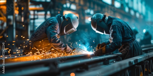 Workers In Helmets And Protective Gear Welding In An Iron And Metal Industry, Copy Space. Сoncept Welding In Metal Industry, Protective Gear, Copy Space, Iron And Metal Workers, Helmet Safety