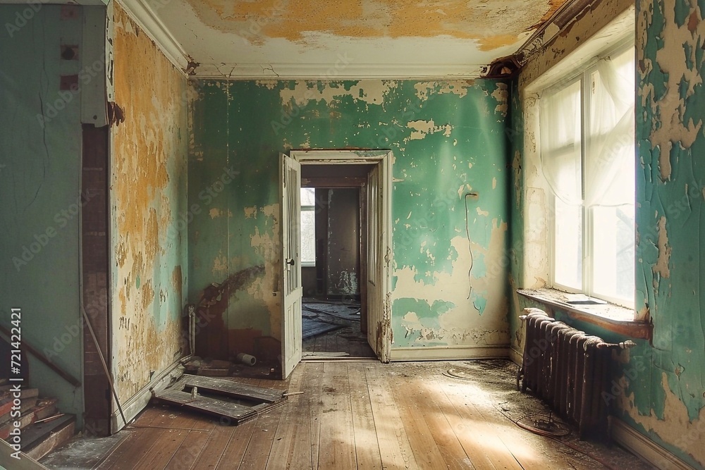 Interior of an old abandoned house with green walls and wooden floor. Remains of the interior. Repair and reconstruction of premises. Interior of an old abandoned house with green walls and wooden floor. Remains of the interior. Repair and reconstruction of premises.