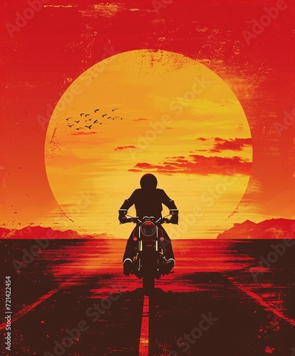 illustration of a vintage motorcycle with a sunset background photo