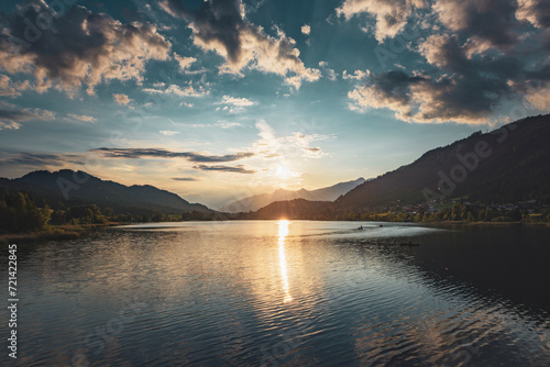 Scenic sunset on the lake in the Alps.