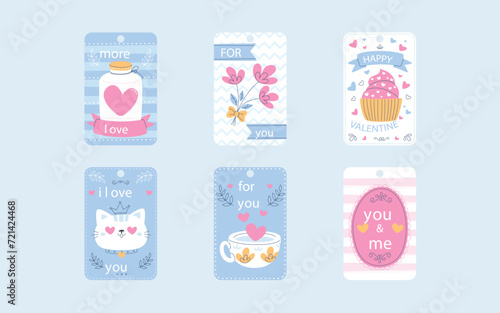 Love and Valentine`s day Hang Tags / Gift Tags / Romantic Stickers in Vector and JPG Format...Use flower / cat / cup / cake and text.