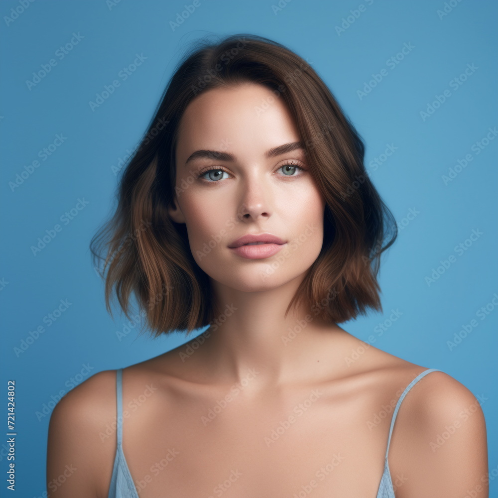 Obraz premium Close-up portrait of beautiful sensual caucasian woman with brown hair wearing blue clothes on a blue background