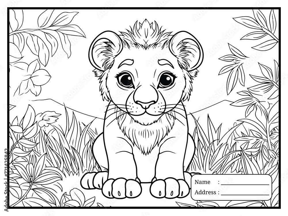Lion coloring page for kids hand drawn book illustration Stock Vector