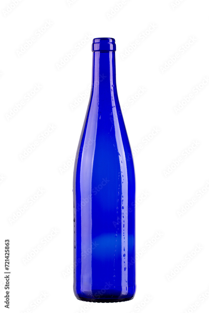 Empty blue wine bottle with water drops isolated on white background. Vertically standing wine bottle. File contains clipping path. F Empty blue wine bottle with water drops isolated on white background. Vertically standing wine bottle. File contains clipping path. F