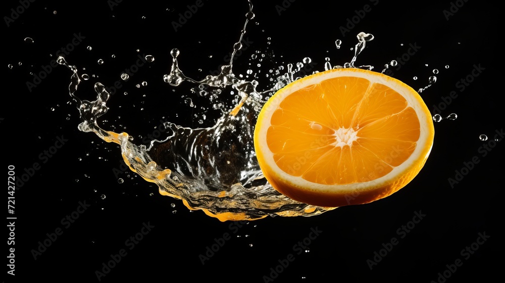 A black background is the backdrop for half of an orange. A black background is the backdrop for half of an orange.