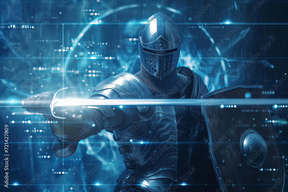 
medieval knight in armor with a sword and shield in comes out of the virtual screen. creative cyber security concept - obrazy, fototapety, plakaty 