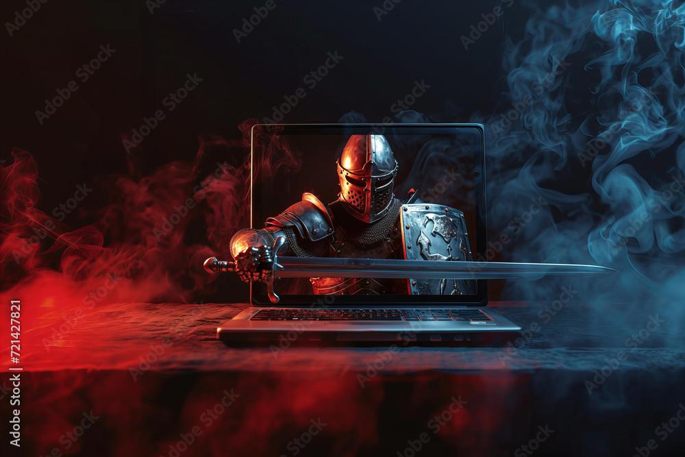 medieval knight in armor with a sword and shield in comes out of the laptop screen , creative cyber security concept - obrazy, fototapety, plakaty 