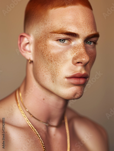 Hyperreal photography, flawless portrait of a young man with auburn hair and freckles wearing a gold chain - Generative AI 