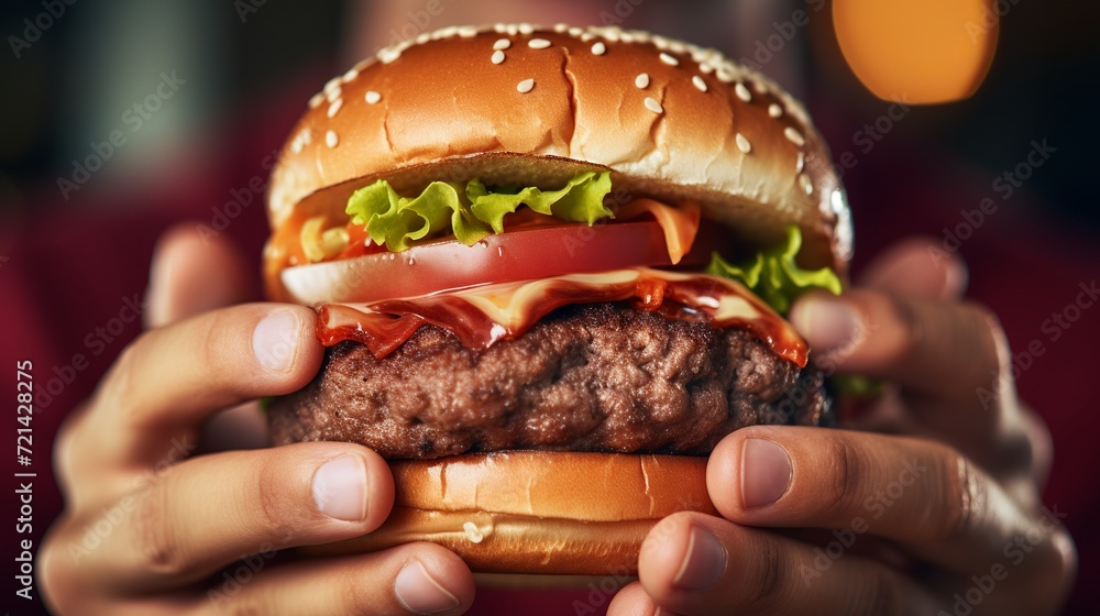 A burger is being eaten by a person from a close-up perspective. A burger is being eaten by a person from a close-up perspective.