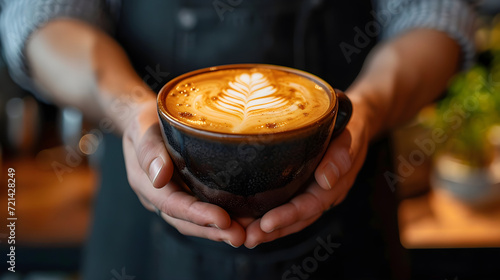 Close up of male barista's hands holding a cup of cappuccino.