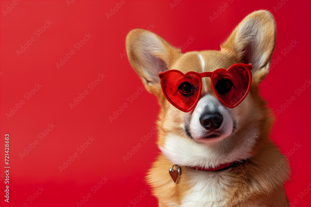 St. Valentine's Day card concept. Funny dog corgi in red heart shaped glasses isolated on red background