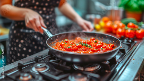 person is cooking tomato sauce with herbs in a frying pan on a stove, with tomatoes and kitchen items in the background photo