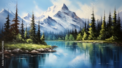 A depiction of a mountain lake with mountains in the distance.