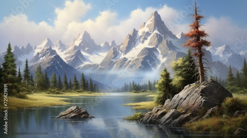 A depiction of a mountain lake with mountains in the distance. © Elchin Abilov