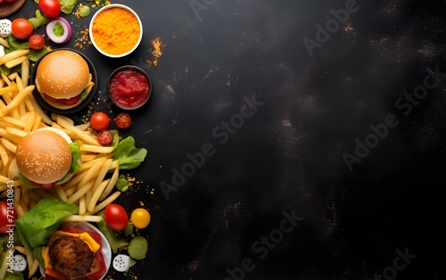 top view of fast food on chalkboard background with copy space